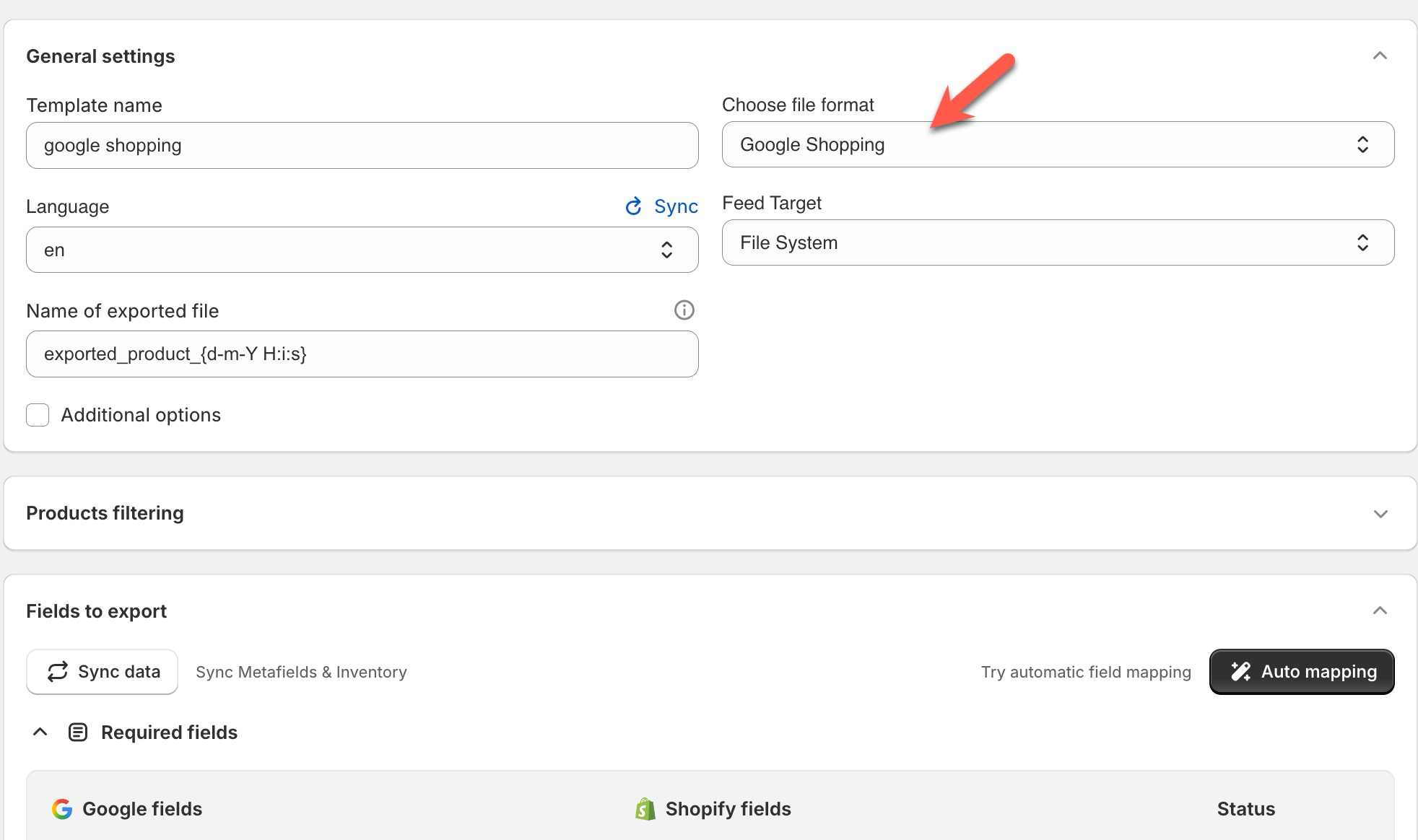 Select Google Shopping export format