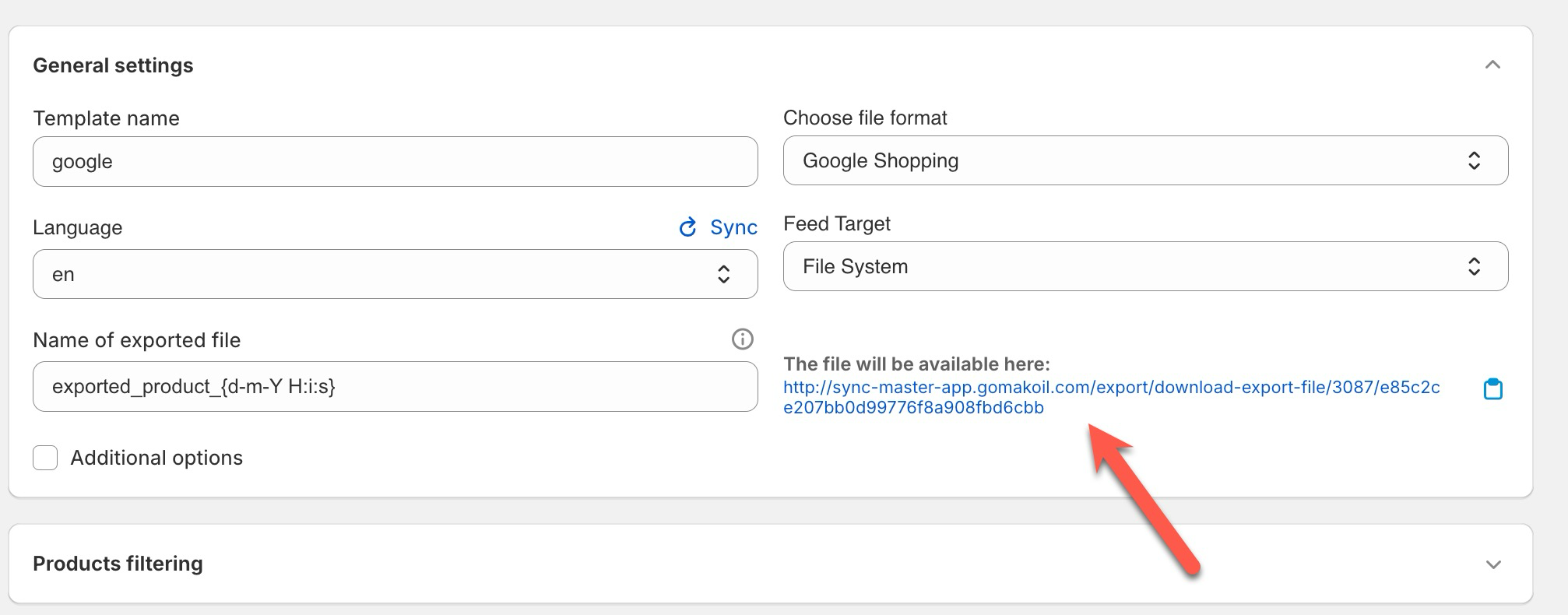 Feed URL after saving export template