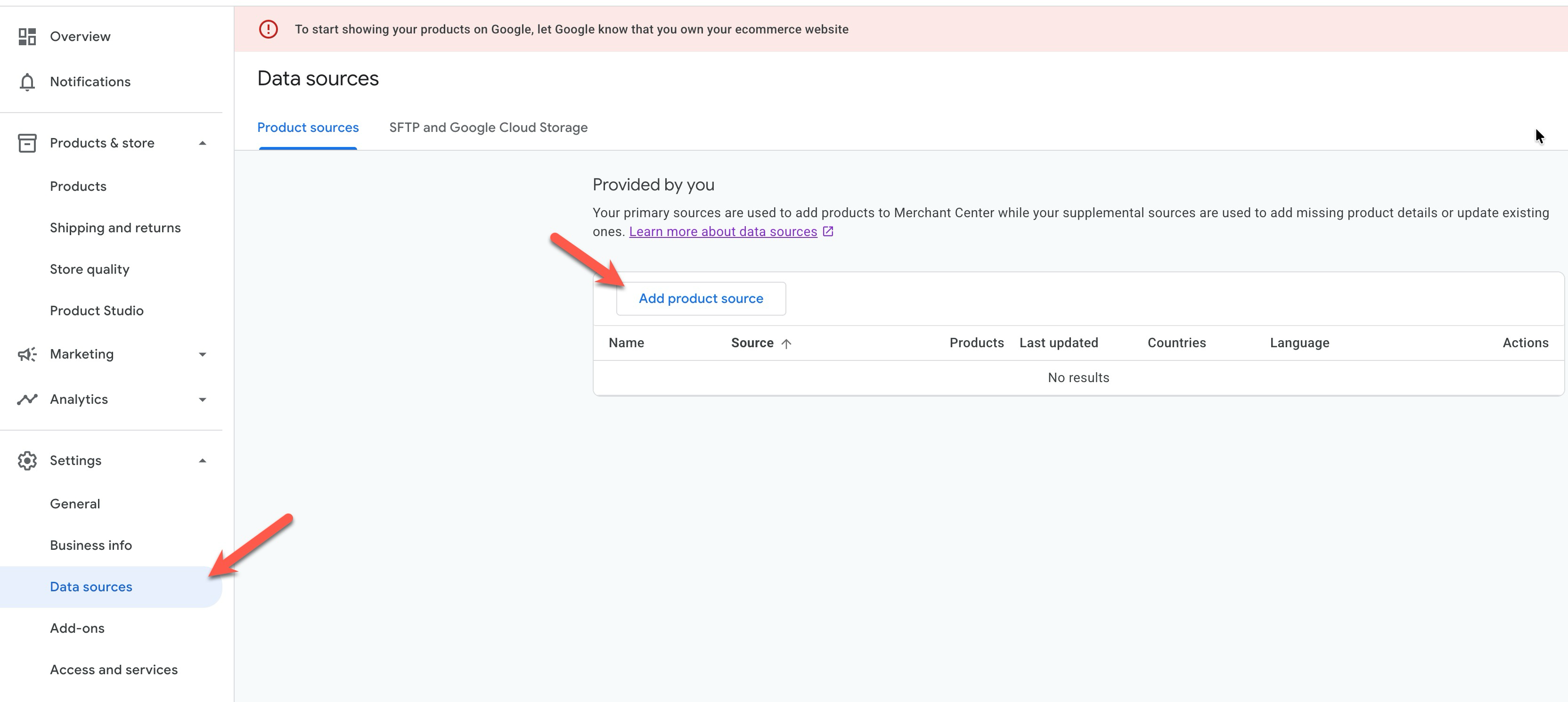 Add product source in Google Merchant Center