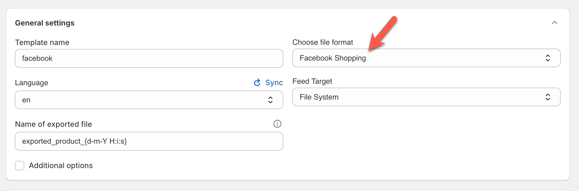 Select Facebook Shopping export format