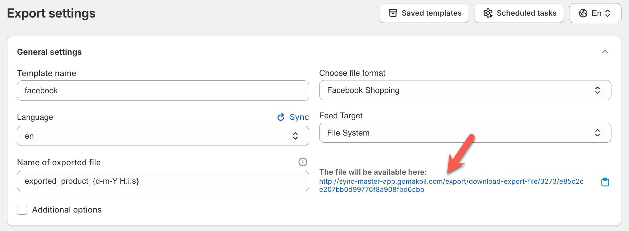 Feed URL after saving export template