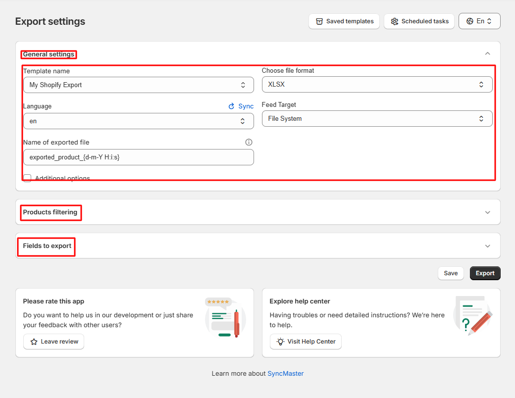 General Settings for export