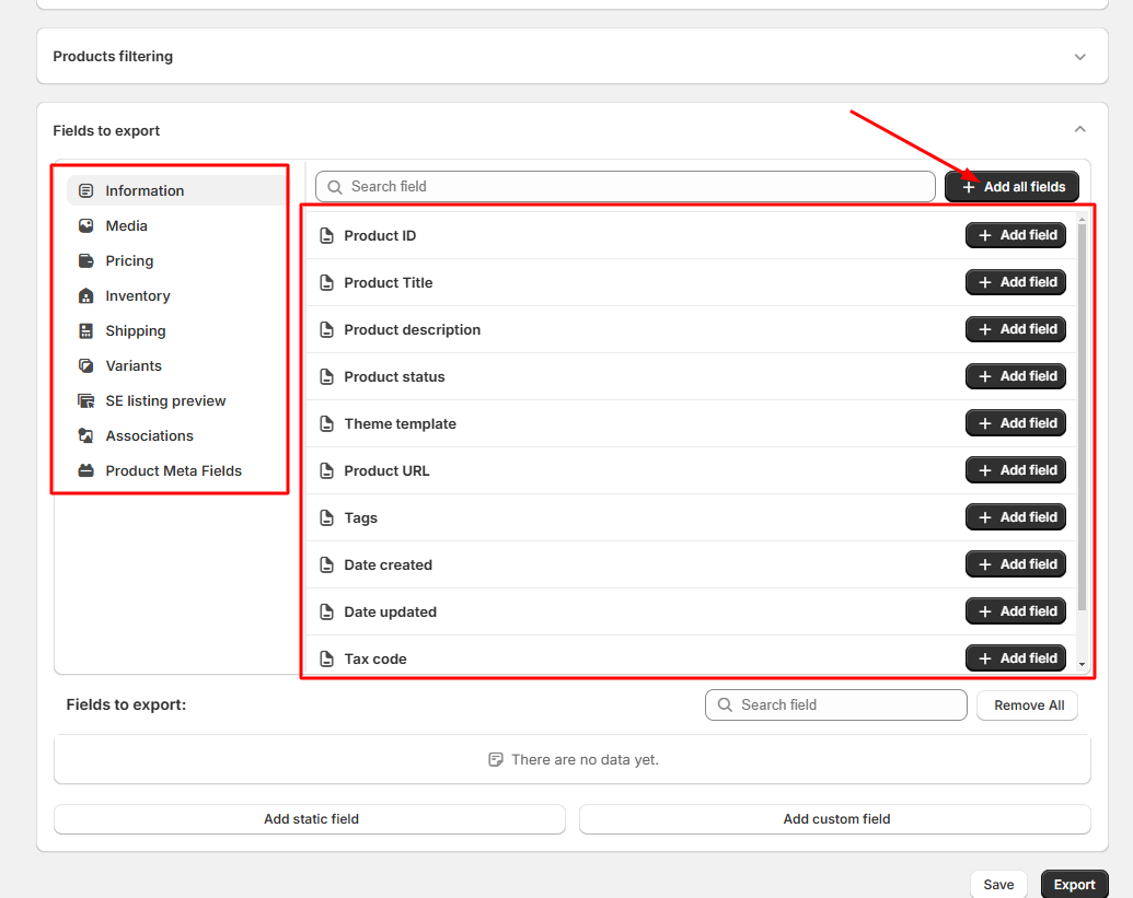 Add all fields for export
