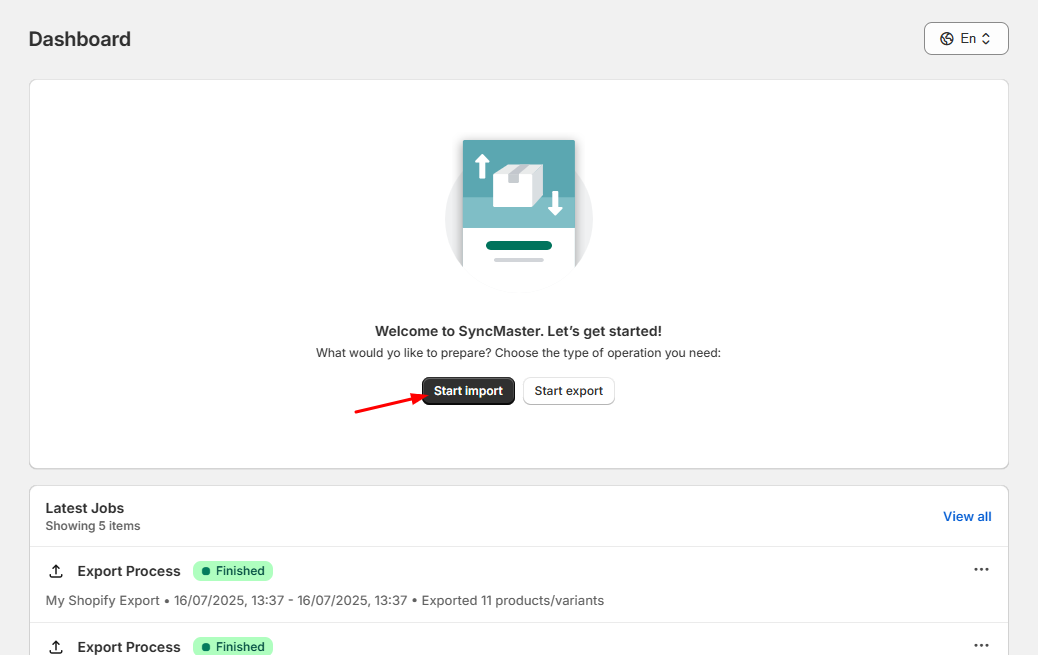 Sync Master Import screen