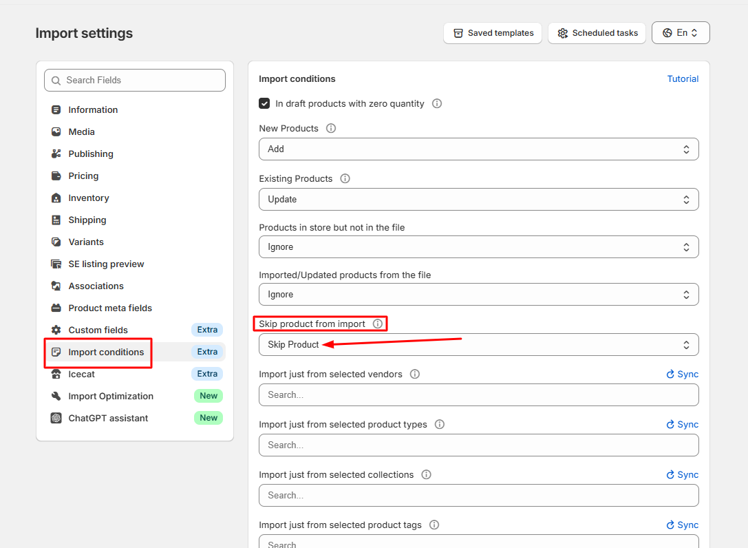 Select Skip Product field in import conditions