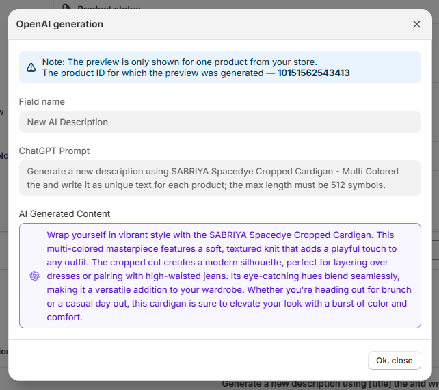 Generated Product Description Example